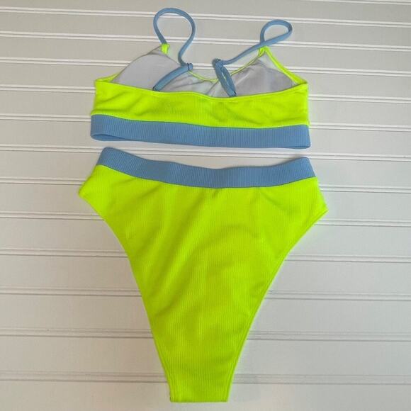Womens Neon Green Ribbed Bikini Set – Small High Waist 2-Piece Swimsuit Cheeky - Picture 2 of 9
